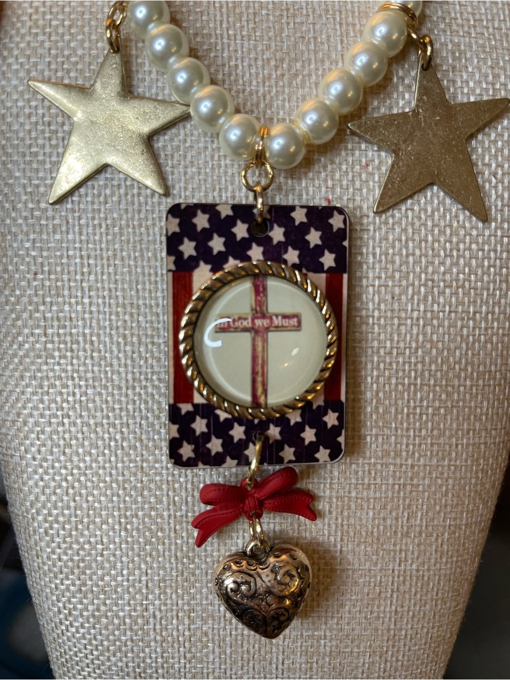 In god we trust Pearl Beaded Necklace with Star Charms and Patriotic Pendant - Picture 4 of 6